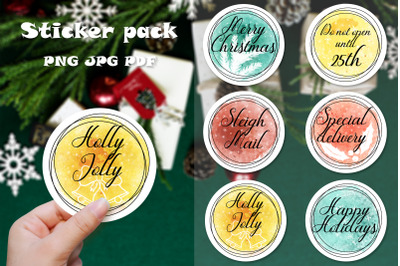 Christmas mail stickers packaging bundle. Round watercolor