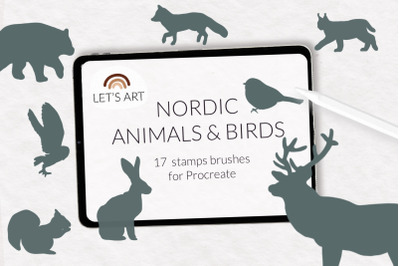 Nordic animals and birds stamps for Procreate. Wild animals stamps