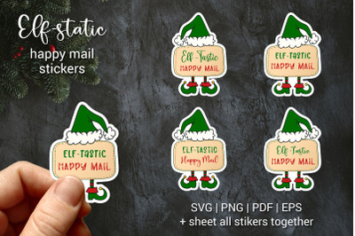 4 Christmas gift tags, Elf-static happy mail Sticker designs