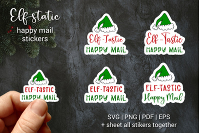 Christmas gift tags with Green Elf Hat. 4 Elf-static happy mail Sticke