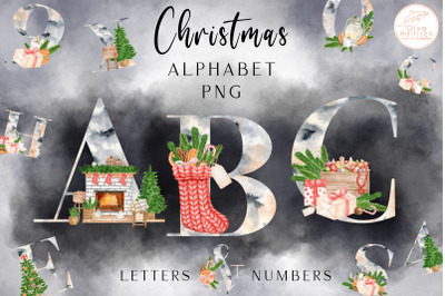 Christmas Alphabet Clipart. Watercolor Winter Monogram PNG