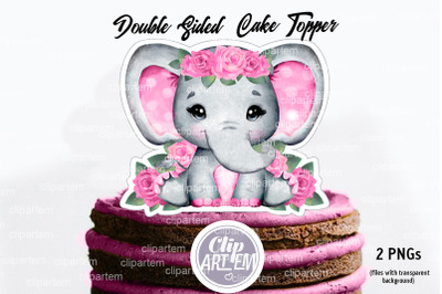 Watercolor Pink Baby Girl Elephant  Double Sided 2 PNG Topper