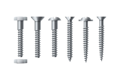 Bolt and screw. Realistic self-tapping. Metal nails with nut. Workshop