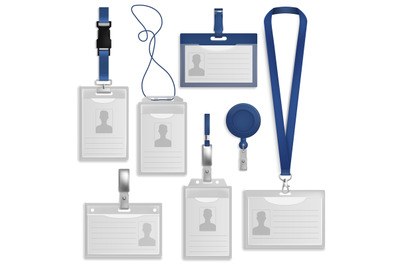 Badge ID. Realistic identification cards with holders and neck lanyard