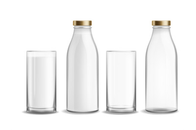 Bottle and glass milk. Milky realistic bottles glasses empty and full