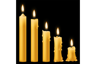 Candles burning. Romantic holiday candlelight different burn stages co