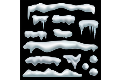 Ice cap. Snow caps with shadow, snowdrifts, snowballs and icicles, fro