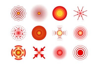 Pain circles red. Pain spots local, joint and muscles pains. Migraine