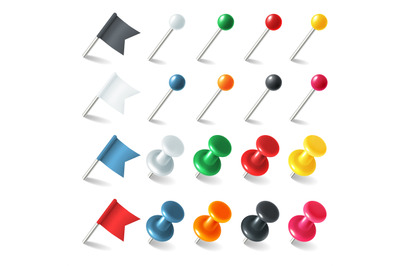 Pins tacks flags. Pointer colored marker pin flag, 3D thumbtacks tacks