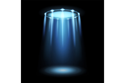 Light ufo. Spaceship alien magic bright blue beam. Futuristic Sci-fi s