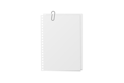 Sheets with holder and clip. Realistic mockup memo stickers. White cop