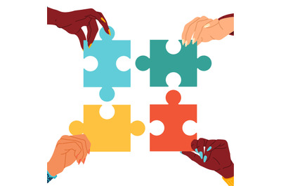 Puzzle, general opinion. Multiethnic people hands hold pieces, joint d