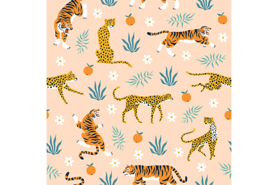 Seamless pattern tigers. Trendy tropical background with wild animals&2C;