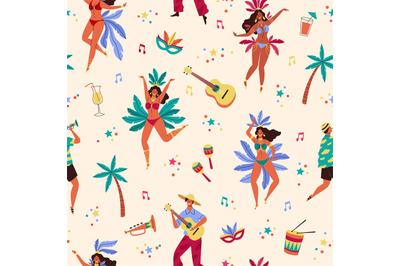 Seamless pattern brazil carnival. Rio music fest elements, dancing hap