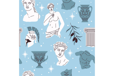 Seamless pattern antique statues. Ancient greek sculpture elements, hi