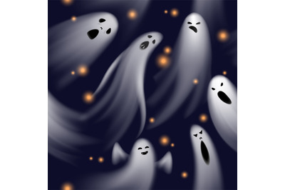 Seamless pattern ghosts. Spooky phantom characters, halloween flying s