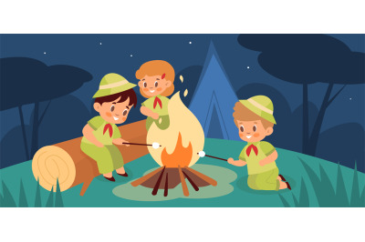 Children night campfire. Young adventurers around night fire fried mar