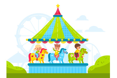 Kids on round carousel with horses. Children ride merry-go-round in am