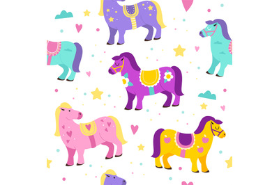 Seamless pattern carousel horses. Colorful cute kids animals, funny fa