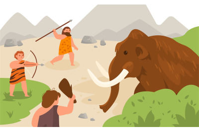 Stone age hunting. Ancient men chasing mammoth animal&2C; angry caveman p