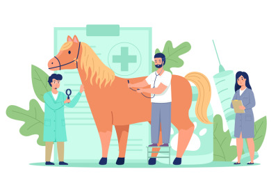 Tiny vet doctors. Miniature veterinarians treat big horse, preventive