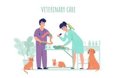 Vet doctor with animals. Veterinarians work process&2C; pets examination