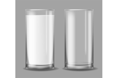 Empty and full milk glass. Realistic glasses with white liquid. Cup wi