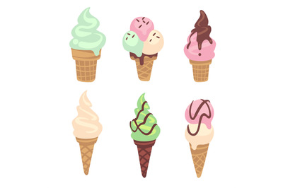 Ice cream. Frozen creamy desserts and sundae. Waffles cones vanilla, s