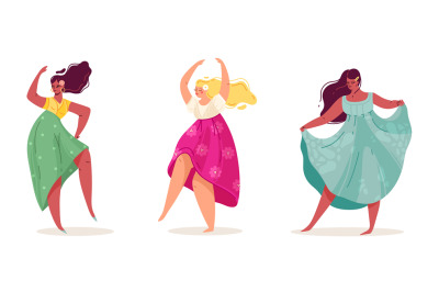 Summer women. Pretty body positive dance girls in sundresses and dress