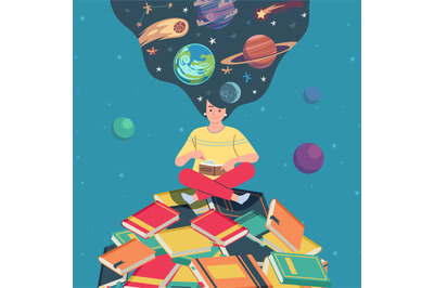 Meditation in reading over the planet of books. Young man sitting in l