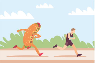 Running away from junk food. Hot dog mascot stalking sportsman. Athlet