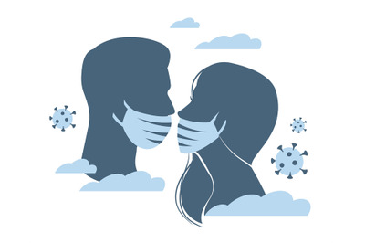 Obstacle of kiss. Silhouettes of man and woman kissing&2C; faces in medic