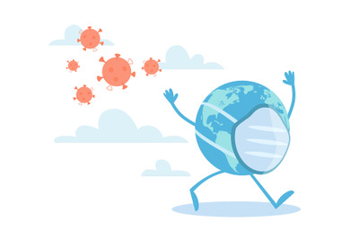 Viral panic of Planet. Earth mascot running away from coronavirus. Cha