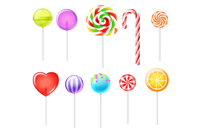 Realistic lollipops. Color sweets different types, sugar food, bright