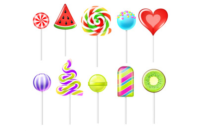 Realistic candies lollipops. 3D sweet colourful fruit caramels on stic