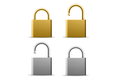 Realistic padlocks. Gold and silver lock in open and closed state. Met