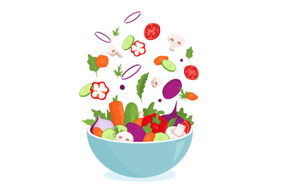 Vegetables fly bowl. Salad preparation. Mixing cooking ingredients. Bl