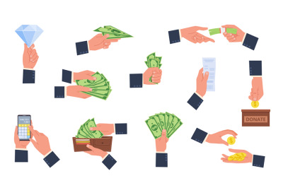 Money hands. Businessmen arms hold dollars and cents, electronic and c