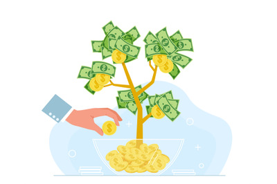 Business hands money. Growing tree and hand with golden flowers coins