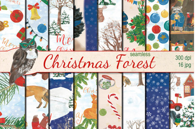 Watercolor Christmas Forest seamless patterns