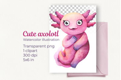 Baby pink axolotl, watercolor clipart