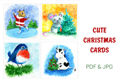Cute Christmas cards set of four. Lovely square cards in PDF
