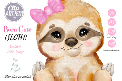 Watercolor Baby Sloth Pink Bow clip art vector PNG