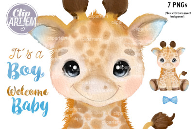 Sweet Boy Giraffe with Blue Bow Tie Watercolor 7 PNG clip art bundle