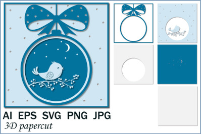 3D greeting card&2C; Christmas bird&2C; papercut