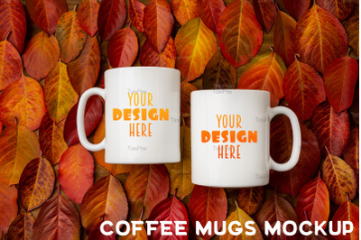 Two white coffee mug mockup with red fall leaves background.