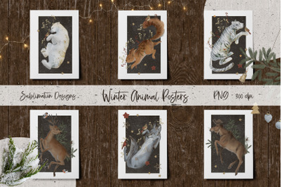 Winter Animal Posters Set PNG. Sublimation Designs.