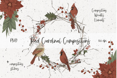 Red Cardinals Compositions PNG. Sublimation Winter Designs.