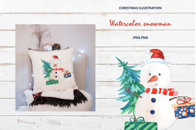 Watercolor snowman with christmas tree