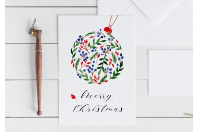 Christmas ball card. Christmas decor with winter florals